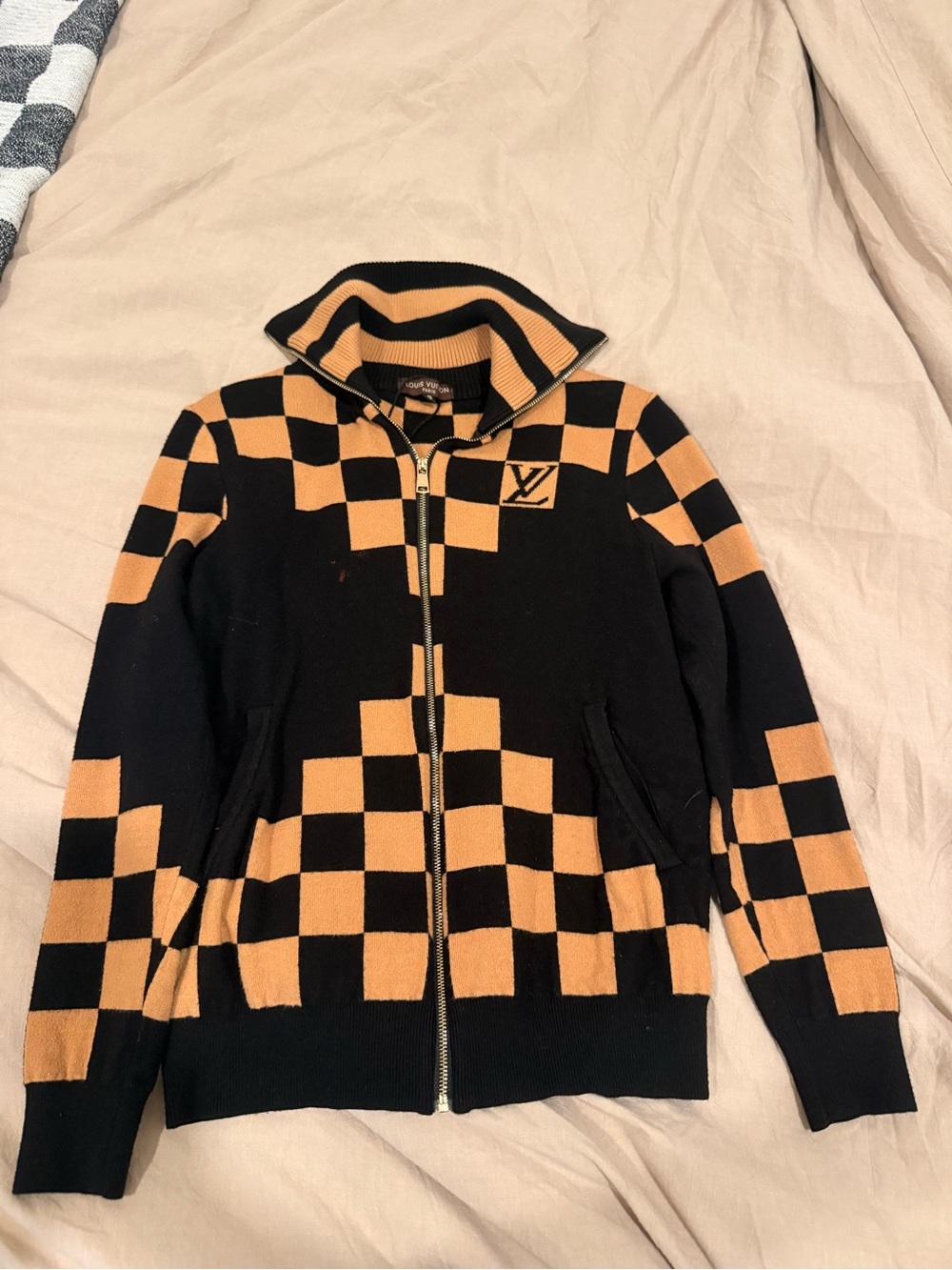 ORIGINAL Louis Vuitton Black and Tan Checkerboard Zip-Up Cardigan